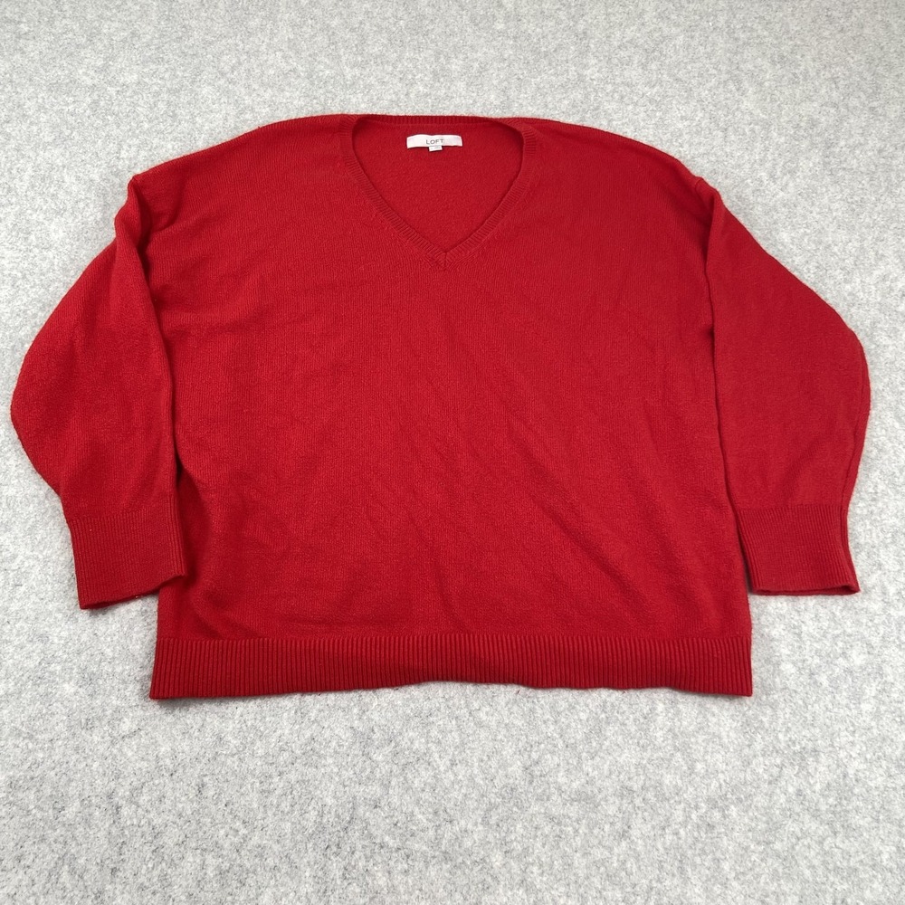 LOFT Sweater Womens Large Red V Neck Tight Knit Stretch Long Sleeve Pullover